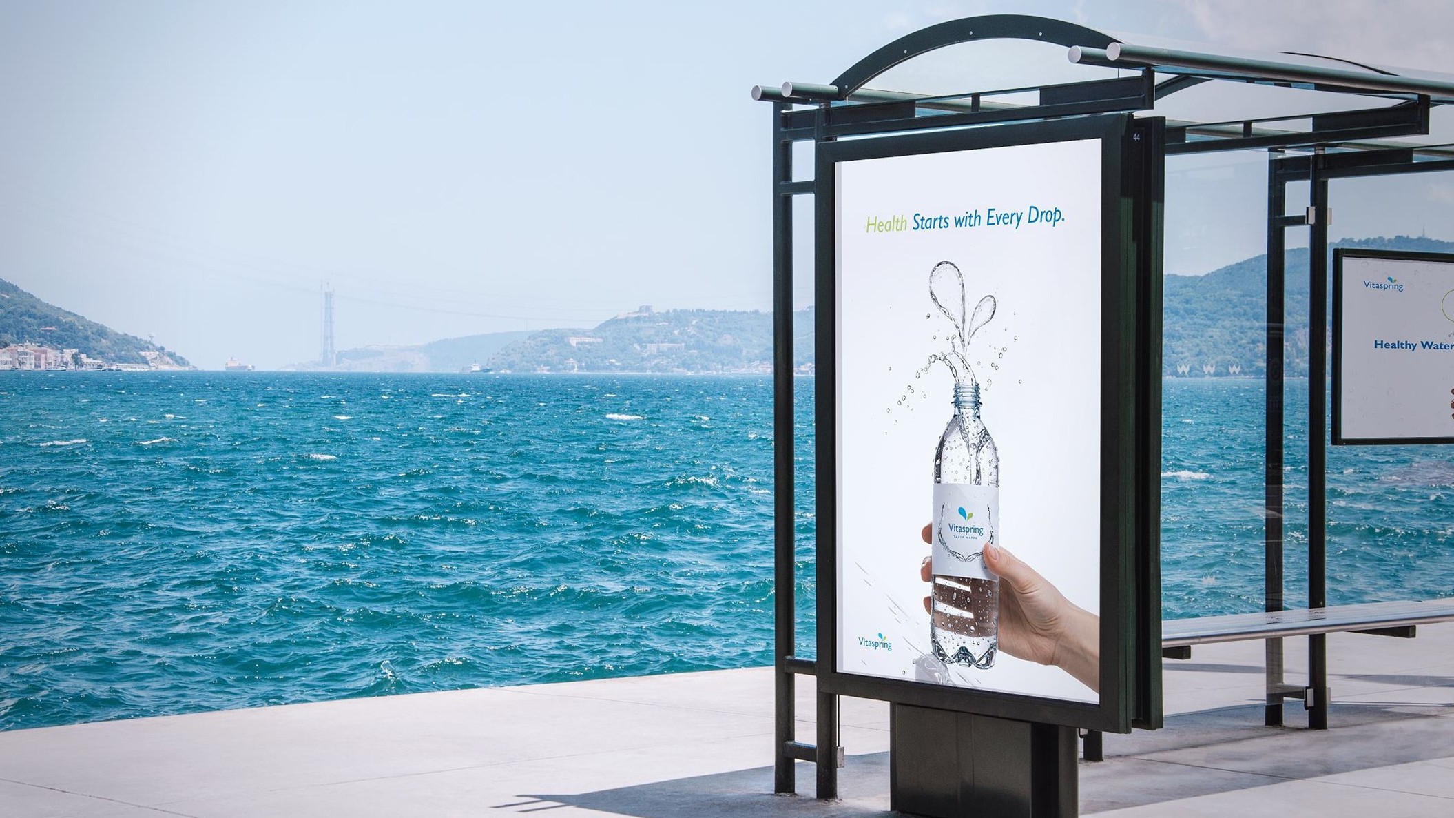 Ocean-side bus stop poster